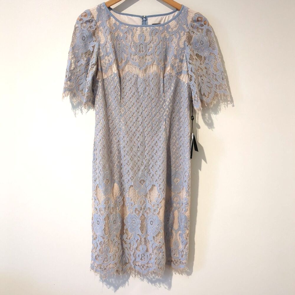 NWT Adrianna Papell Light Blue Georgia Lace Bell Sleeve Shift Dress Size 2